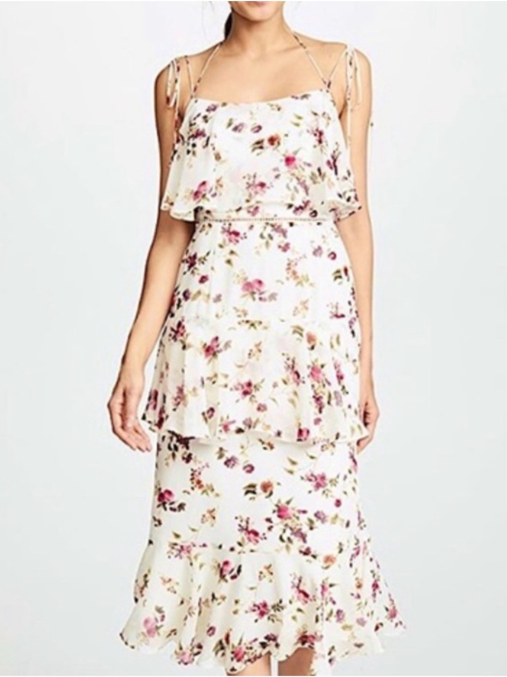 Wayf Cream Floral Ruffled Tiered Midi Dress